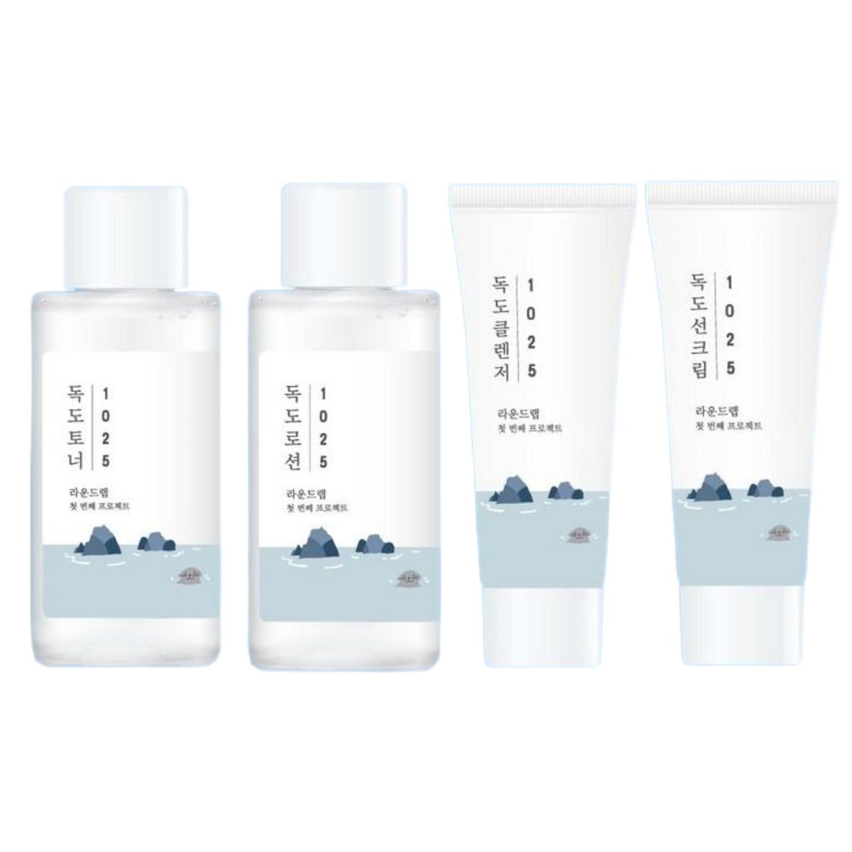 

ROUND LAB 1025 Dokdo Travel Kit 140ml - 5-Piece Hydrating Skincare Set including Cleanser, Toner, Lotion, Sunscreen, and Travel Pouch