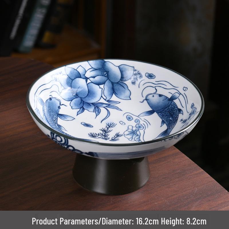 Porcelain Tall-Footed Blue & White Fruit Bowl: Tea Table Plate for Melon Seeds, Pastries, Snacks & Dried Fruits
