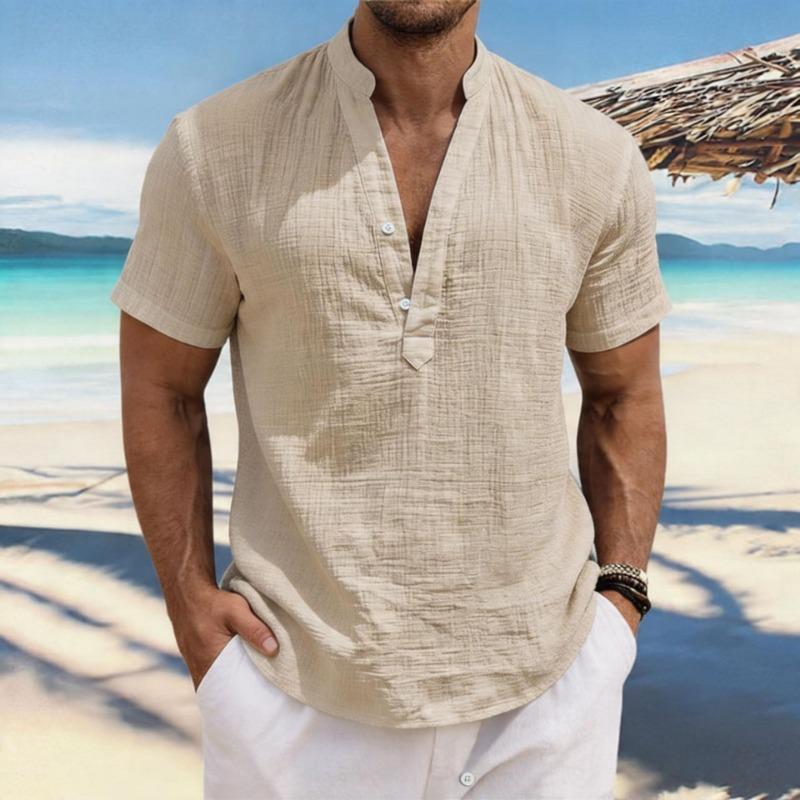 Heren Casual Linnen Korte Mouw Henley Shirt