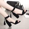 Sandals Kitten Heel Block Heel 2026 Summer New Korean Edition Tassel One Strap High Heels Fashion Black Women's Shoes