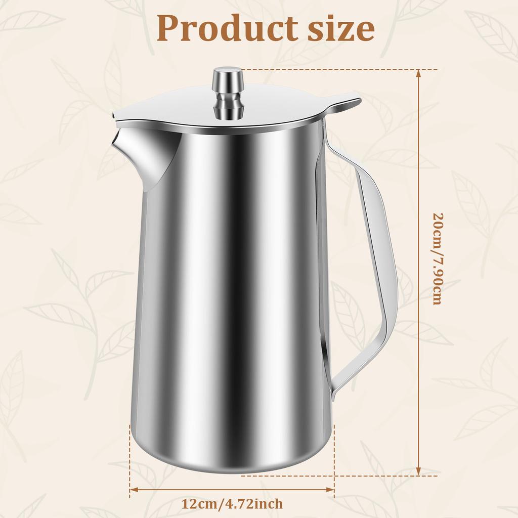 Stainless Steel Water Pitcher with Lid & Handle Large Capacity Cold Drink Kettle Milk Frothing Jug for Beverage Tea Juice Coffee