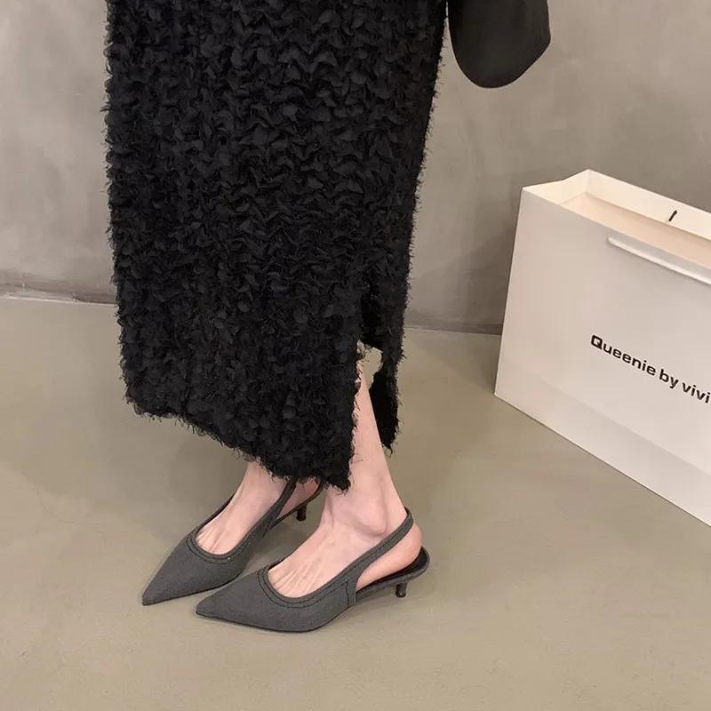 

Женские туфли на высоком каблуке, летние новые модные туфли с острым носком, женские туфли-лодочки на шпильках, с открытой пяткой, неглубокие свадебные туфли Zapatos Mujer 36 чёрный