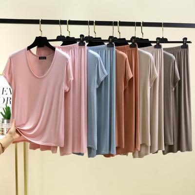 M To 6XL Plus Size Modal Homewear 2pcs Set Short Sleeve Tshirt and calf-Length Pants Solid Color Loose Pajamas Sets Women's Sleepwear Suit