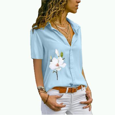 Women Fashion Button-Down Shirt Summer Floral Print Short Sleeve Blouse Ladies Casual Chiffon Top