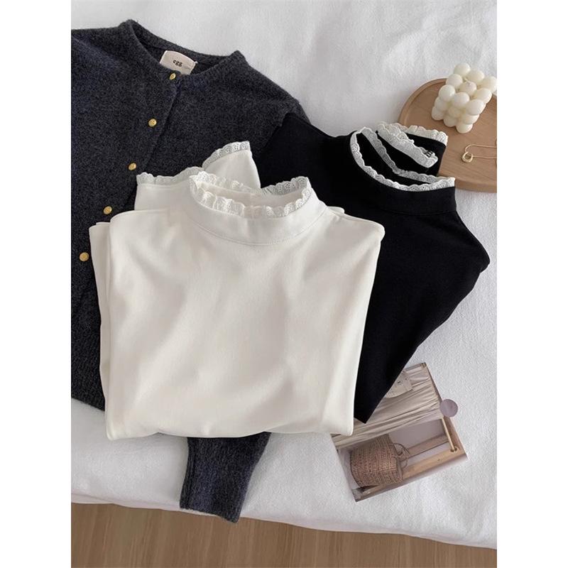 2025 French Lace Semi-High Neck Long Sleeve Shirt for Women - Autumn/Winter Style