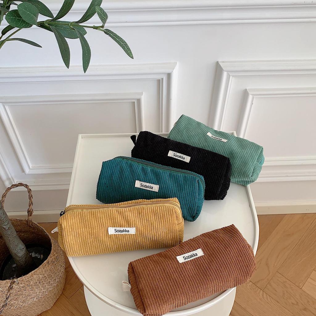 In Stock: Retro Corduroy Pencil Case - Solid Color, Simple Design for High School Students