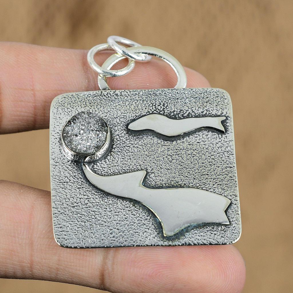 Natural Silver Druzy Gemstone Pendant Gray 925 Sterling Silver Indian Jewelry