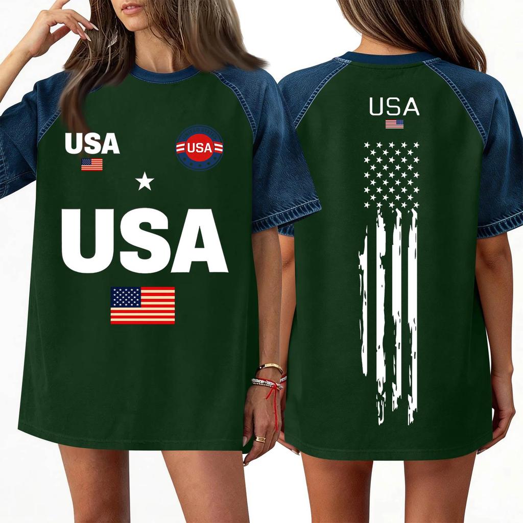 Women's Denim Patchwork Top, Casual Short-sleeved Comfortable T-shirt, Fashionable For Spring And Summer.
