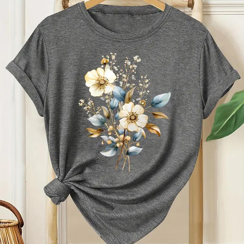 Dámské letní tričko Retro móda Trička s krátkým rukávem Ležérní topy s potiskem slunečnic