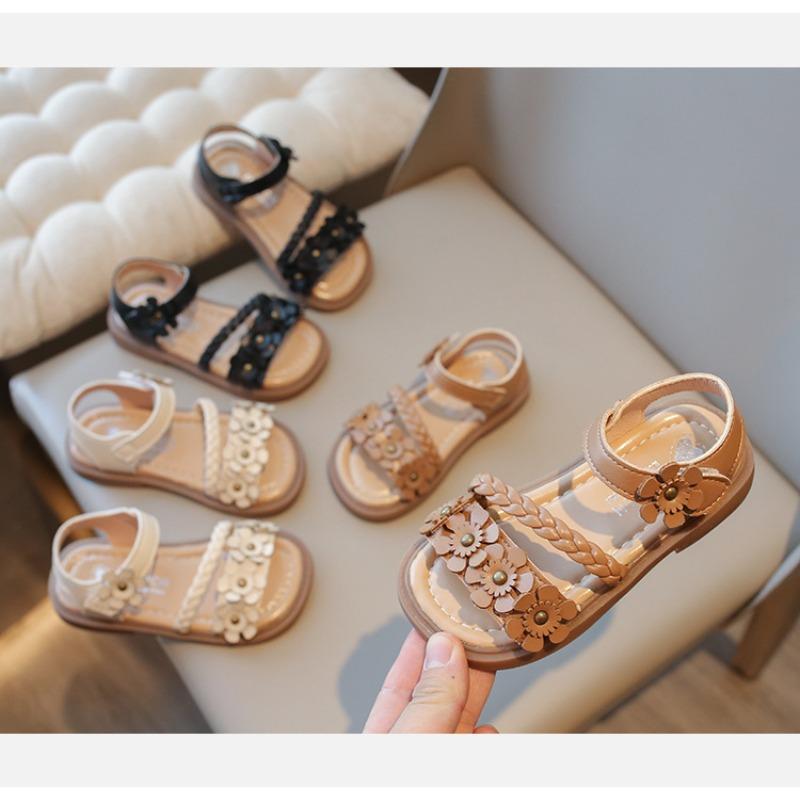 New Summer Woven Girls Sandals, Floral Princess Shoes, Soft Sole Beach Sandals for School-age Girls