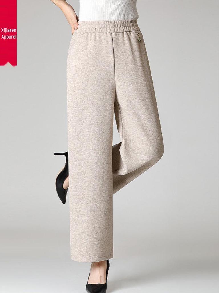 Extra-Size Women's Plus Velvet Wide-Leg Pants for Autumn and Winter, Middle-Aged and Elderly