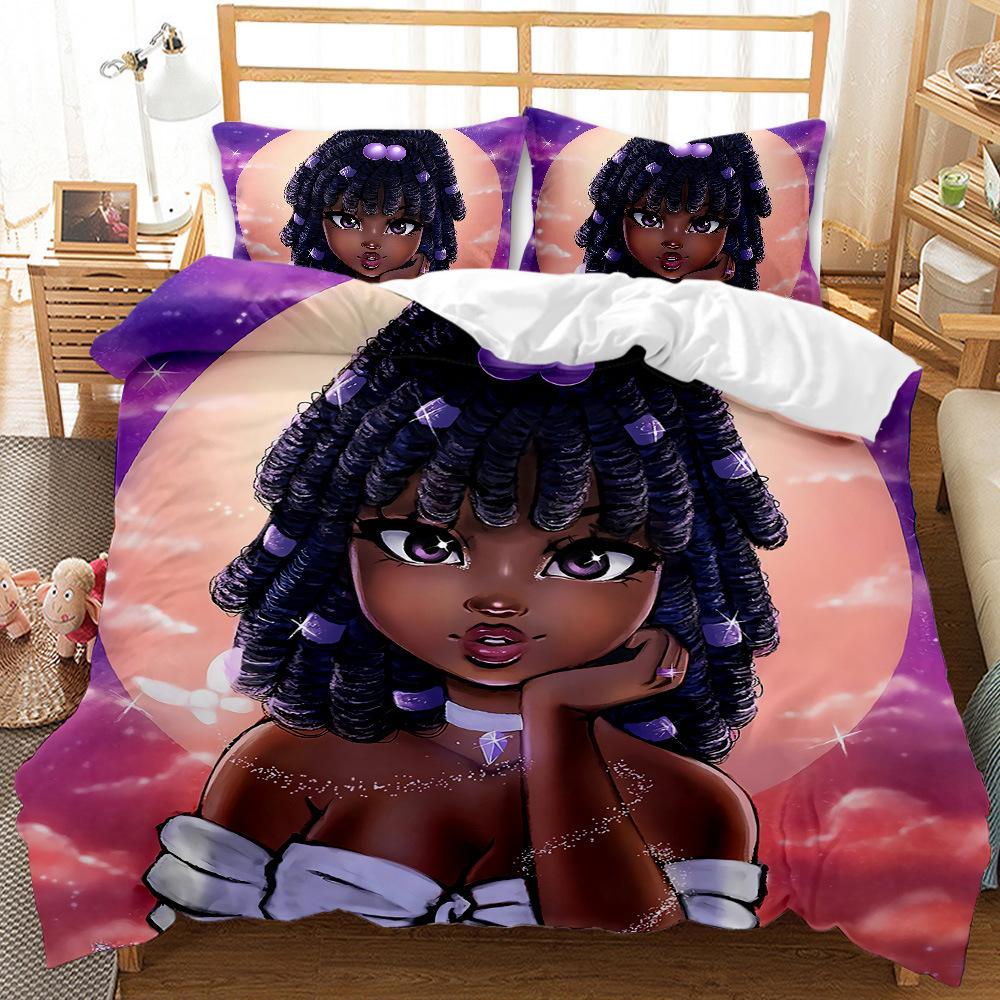 Black Girl Quilt Cover 3D Digital Print Three-Piece Bedding Kit