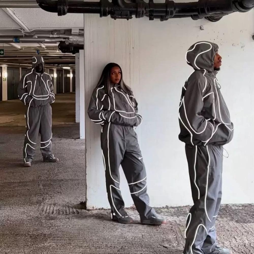 

Striped Patchwork 2 Piece Sets Casual Full Sleeve Zip Crop Jacket and Drawstring Pants Matching Racksuits XXL сірий