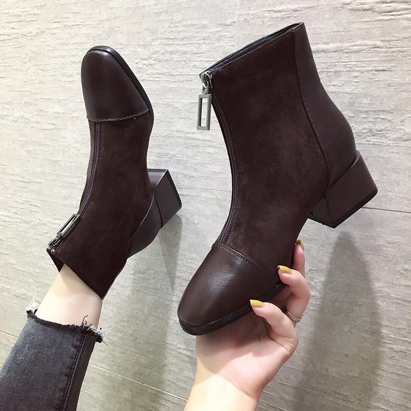 Women's Fashion Mid Boots Fashionable Boots with Front Zipper Thick Heel Suede Midsole Boots Leather Shoes Women's Shoes 35-40
