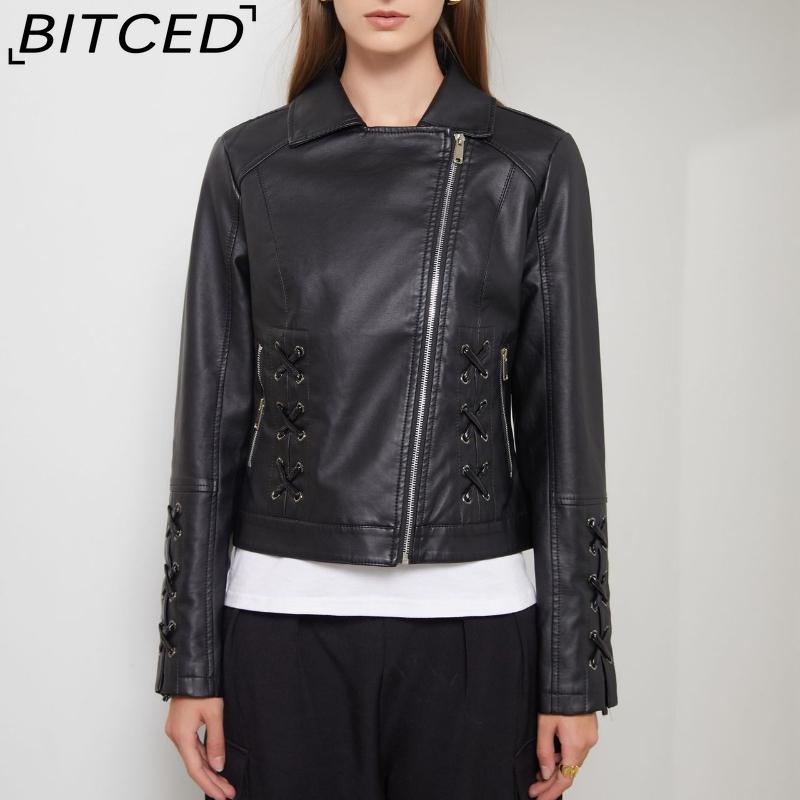 BITCED Fashion Knitted Leather Jacket for Women with Straps Trendy Clothing Casual Jacket