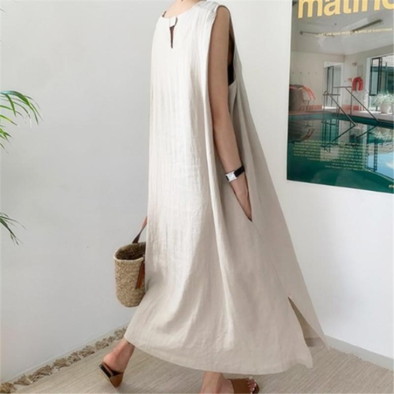New casual loose dress spring and summer women s long knee sleeveless cotton and linen skirt S чёрный