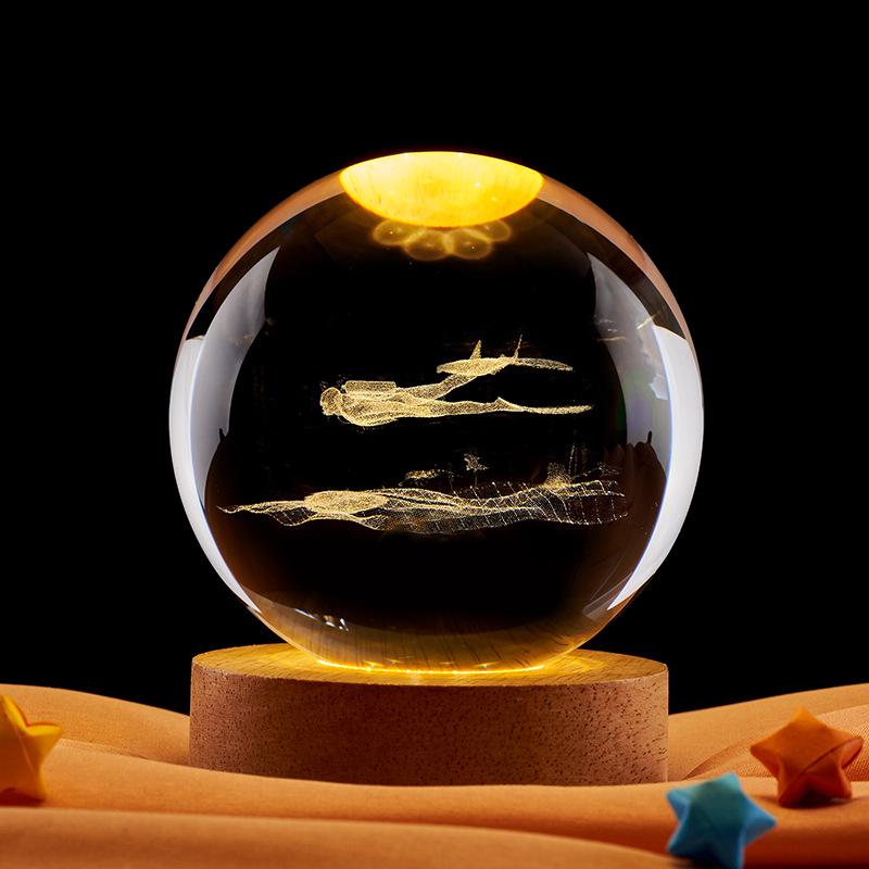 3D Carved Crystal Ball Sports Ornament: Surfing, Diving, Skiing Luminous Night Light Birthday Gift 6cm
