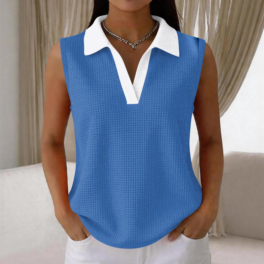 Women's Casual Color Block Knit Sleeveless Collar Tank Top