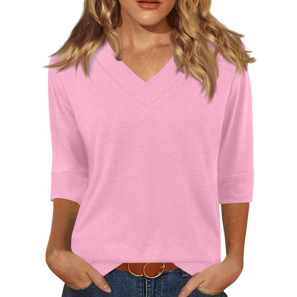 Women's Fashion Casual V Neck 3/4 Sleeve Loose Printed T-Shirt Ladies Top