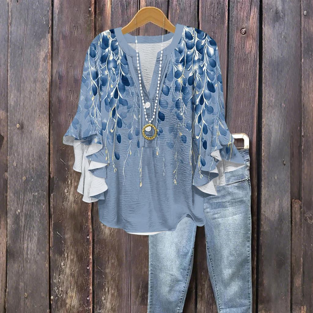 Women's Fashion Button V-Neck Ruffle Seven Sleeve Blouse Floral Printed Top