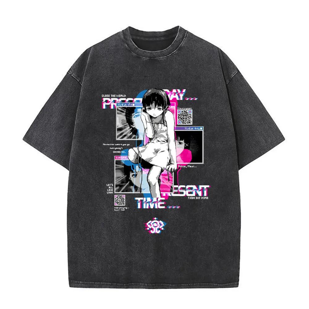 Washed Vintage Anime Serial Experiments Lain Face Graphic Tshirt Manga Girl Sci Fi Yk T Shirt Men Women Cotton Retro Tshirts