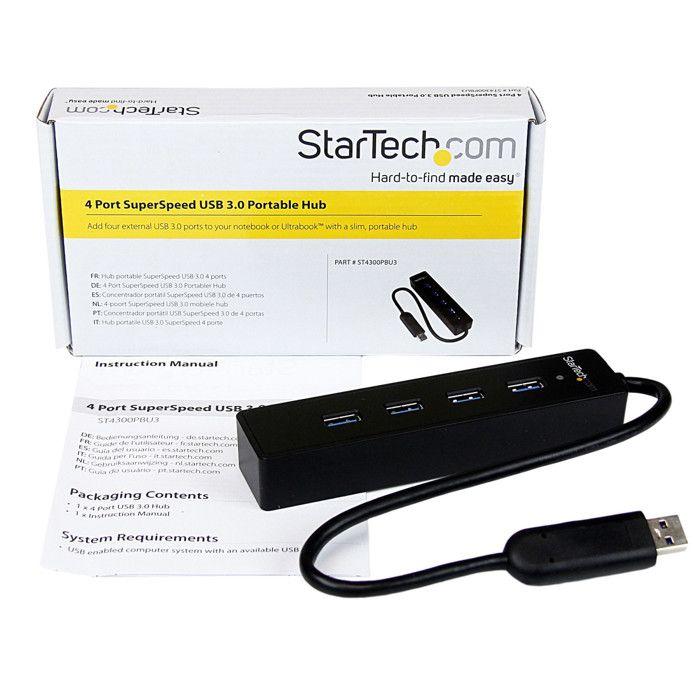 Hub USB 3.0 - StarTech.Com - ST4300PBU3 - 4 Ports - Câble Intégré - Noir