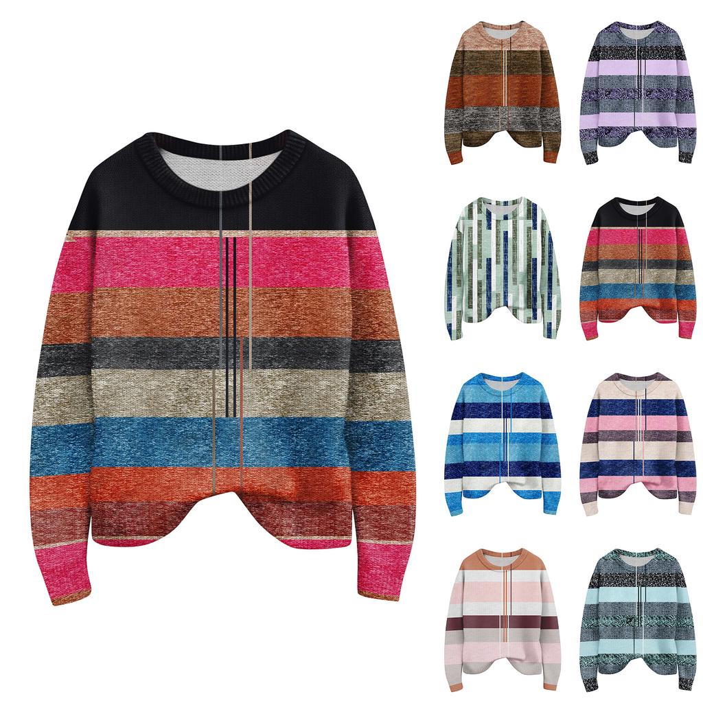 Long Sleeve Pullover Sweaters For Women O Neck Casual Cute Printing Knit Oversized Sweater