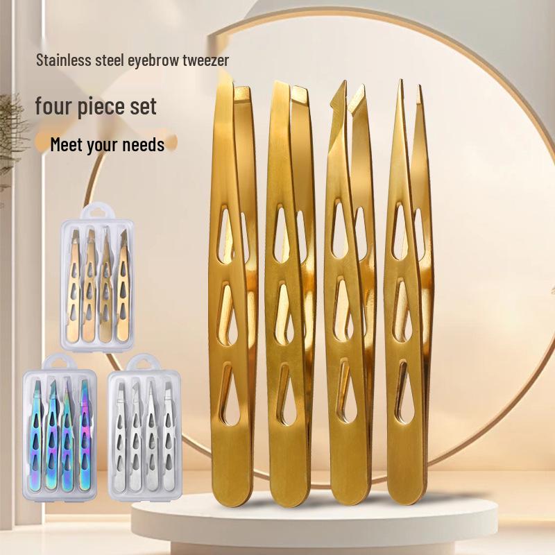 Gold Stainless Steel Eyebrow Tweezers for Plucking, Trimming, and False Eyelash Application