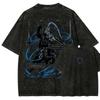 Vintage Washed Oversized Crewneck T Shirt Print Dragon Lightning Demon Wing Graphic Y2K Goth Streetwear Loose Casual Tee for Men Women Punk Fans