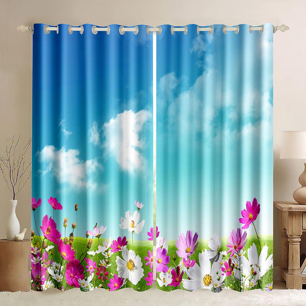 Planet Fenstergardinen Frühlingsgänseblümchen 3D-Druck Verdunkelungsvorhänge Buntes Blumenmuster Naturkunst für Heimdekoration