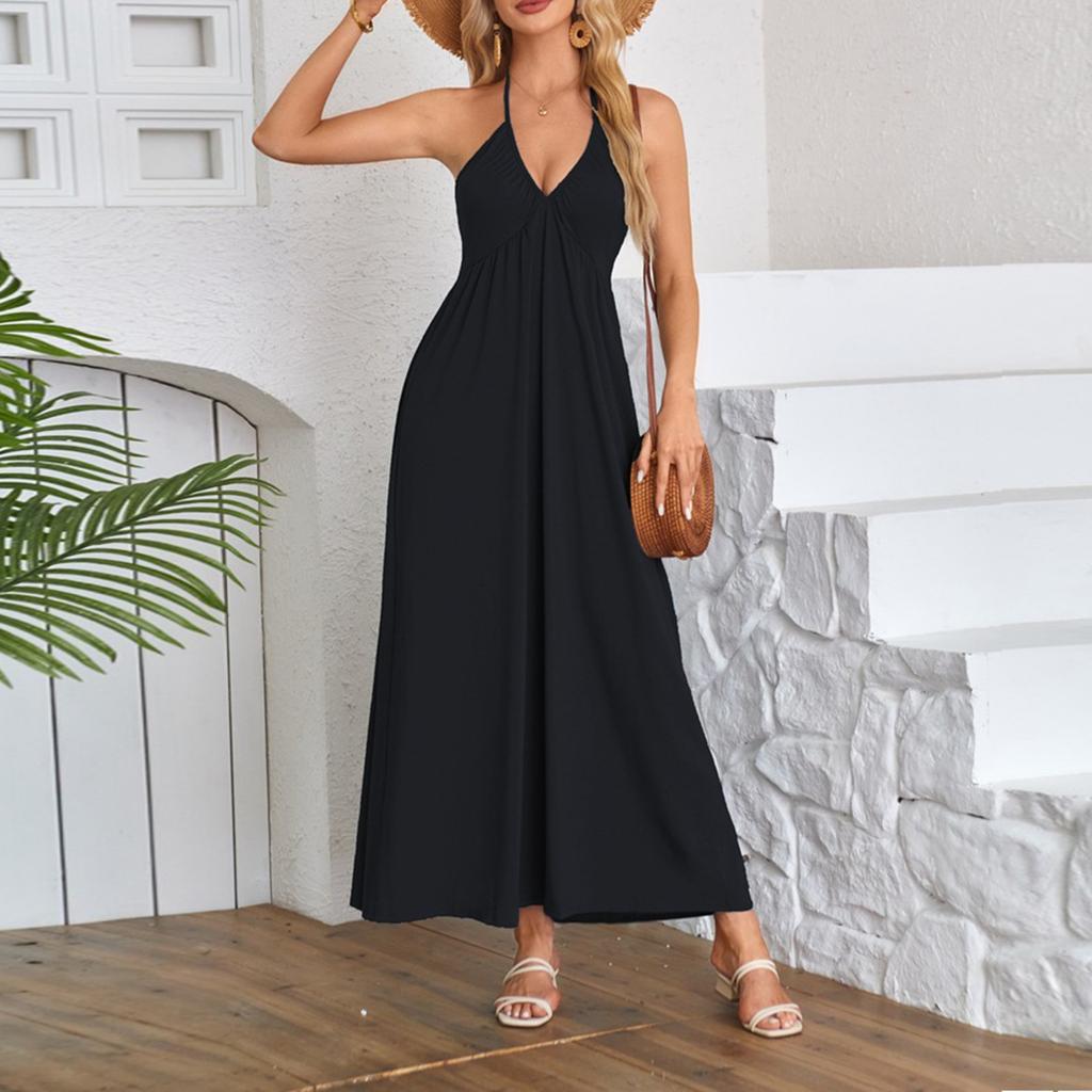 Dames Zomer Casual Effen Kleur V-Hals Hangende Hals Rugloos Koord Mouwloze Jurk Vrouwen