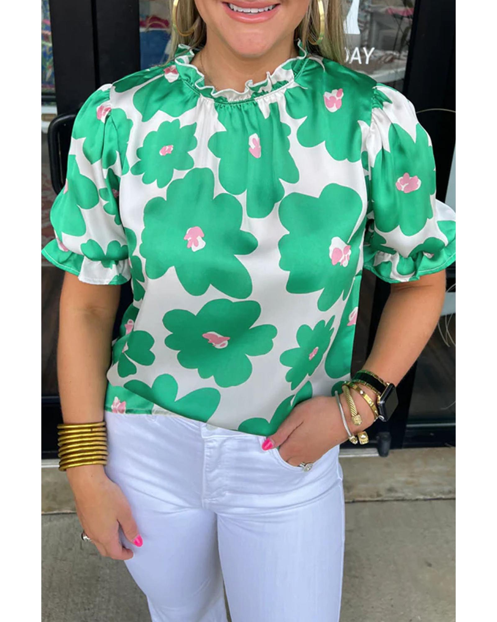 

Azura Exchange Green Floral Puff Sleeve Frill Neckline Blouse S зелёный