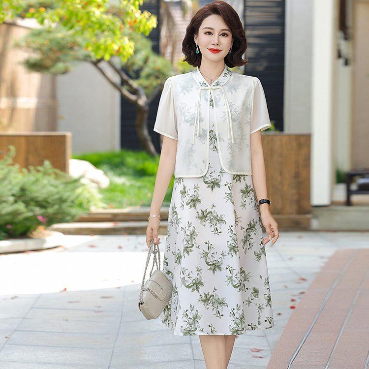 Elegant Loose-Fit Chiffon Dress with Wide-Leg Skirt for Middle-Aged and Elderly Women