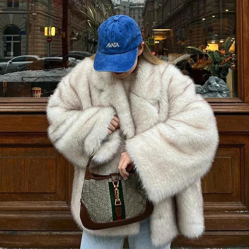 VAYLA New Street Style Long Plush Coat Women with Thick Warm Cold Autumn Winter Faux Fur Coat High-Quality Fluffy Dyed Fox Fur Jacket