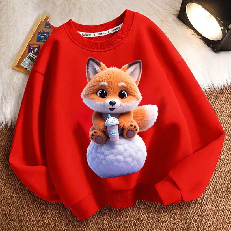 Cute Milk Tea Little Fox Round-neck Hoodie for Children, Fashionable Long-sleeved Casual Hoodie for Boys and Girls in Spring and Autumn