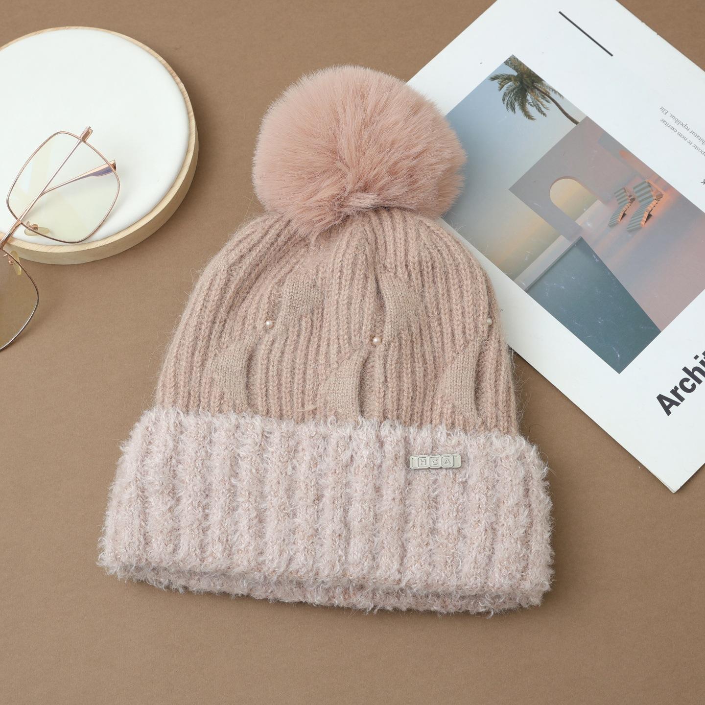 

Женская корейская зимняя теплая толстая шерстяная шапка-бини с ушками - мягкая и коричневая зауженная модель, эластичная посадка, легкая защита от холода One size