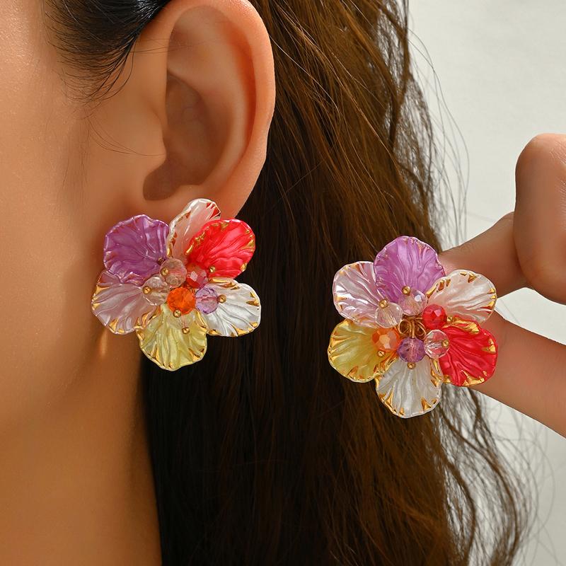 Vintage Acrylic Camellia Stud Earrings for Women Elegant Colorful Crystal Flower Temperament Earrings Beach Jewelry