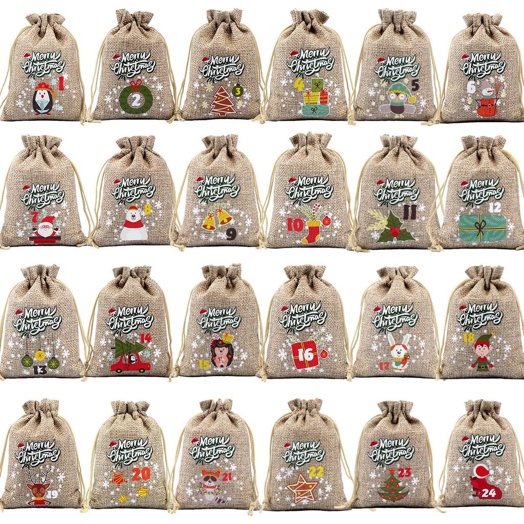 Conjunto de 24 Sacos de Presente de Natal 24 Calendário de Chegada Saco de Cordão de Doces de Natal Saco de Cordão de Linho de Natal