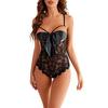 Women One Piece Lingerie Breast Bowknot Binding Flower Patterns See Through Lace Nightwear Black L