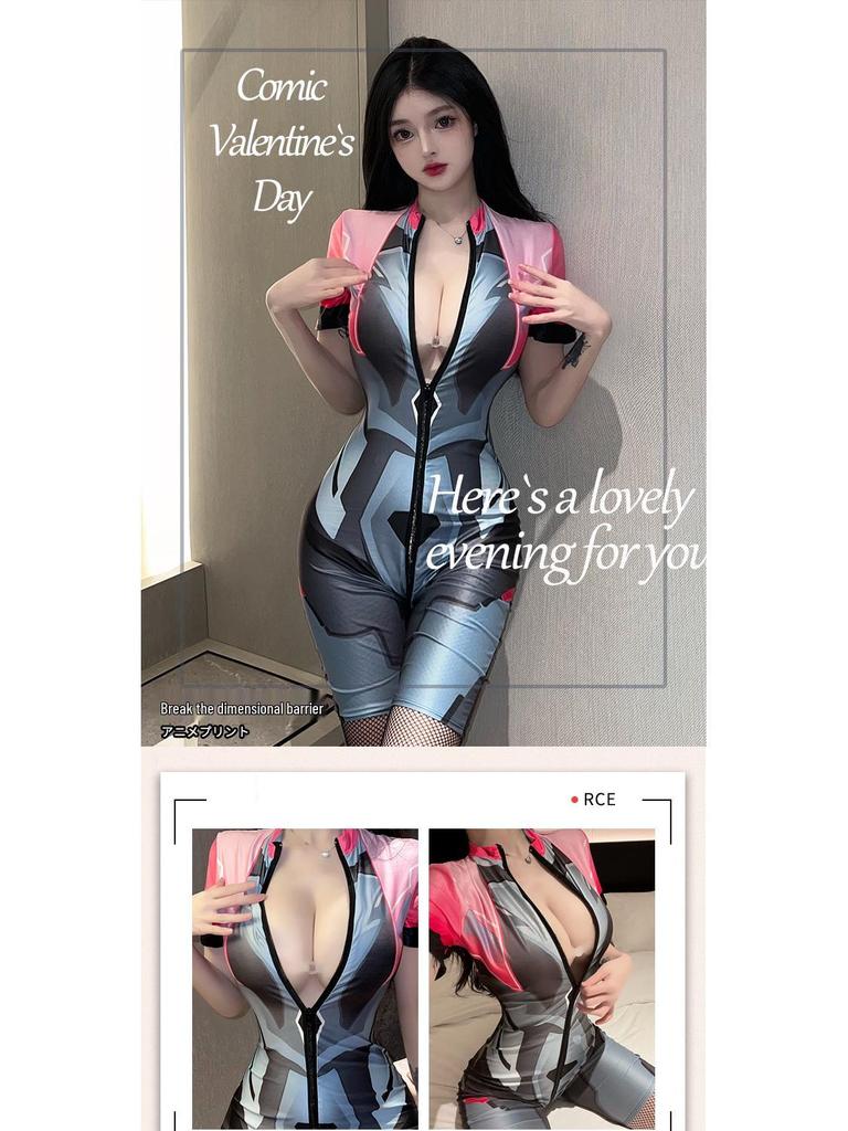 Sexy Erotic Role Play Uniform: Tight Zipper Bodysuit with Open Crotch (Removable Design) 2367