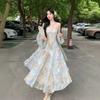 Vintage Oil Painting Style Printing Suspender Dress Summer Seaside Vacation Style Atmosphere Super Fairy High Waist Thin Dress