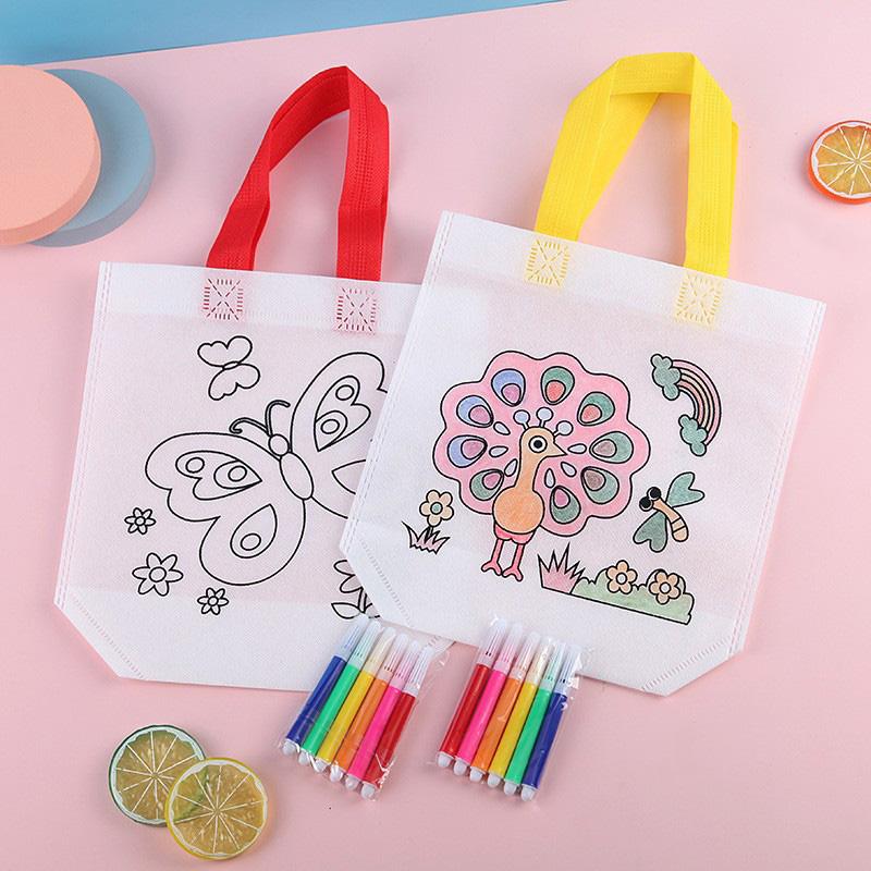 5pcs/set Double Sided Graffiti Bag Non-woven Luggage Shopping Bag Portable Cute Tote Bag School Supplies Student Storage Bag TMZ