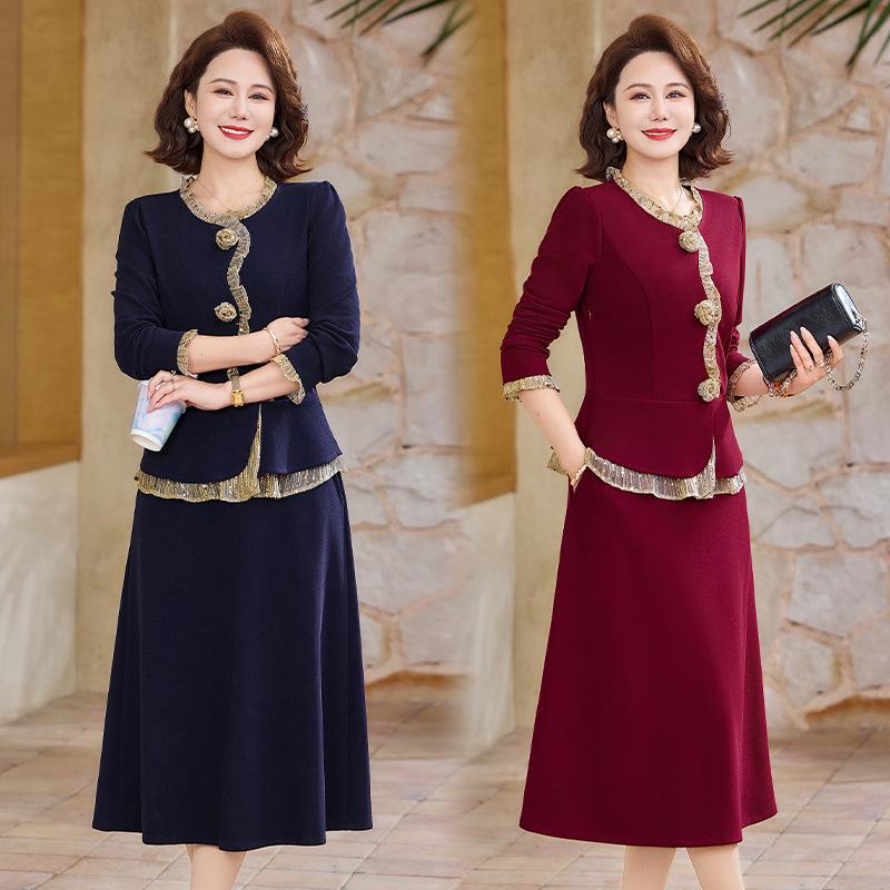 2026 Fashionable Slimming Spring/Autumn Fake Two-Piece Long Sleeve Dress for Middle-Aged Women