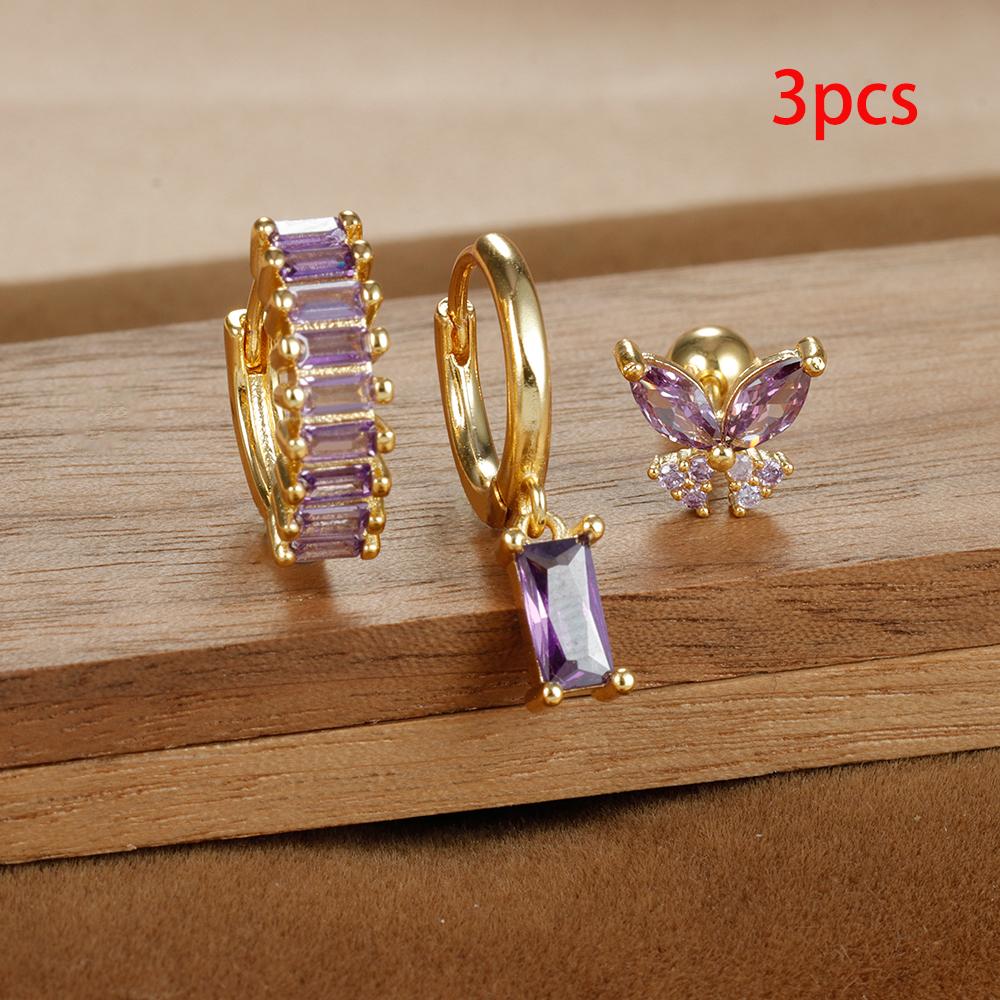 3PCS Gold Color Crystal Square Hoop Earrings Set For Women Butterfly Pendant Cartilage Tragus Helix Ear Stud Fashion Jewelry