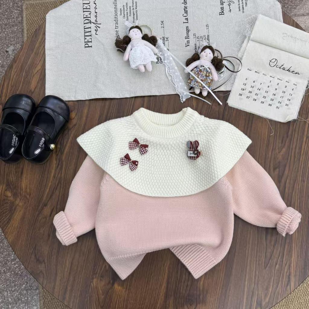 Girl's Red Rabbit Bow Ruffle Knit Sweater - Round Neck, Autumn/Winter Collection