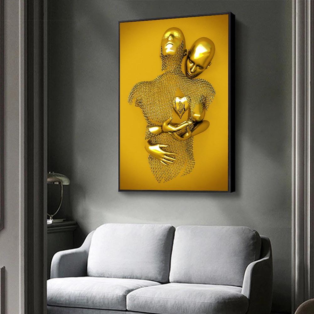 Love Couples Poster 3D Metal Figure Statue Canvas Painting Human Body Sculpture Wall Art Printing Picture for Home Room Decor