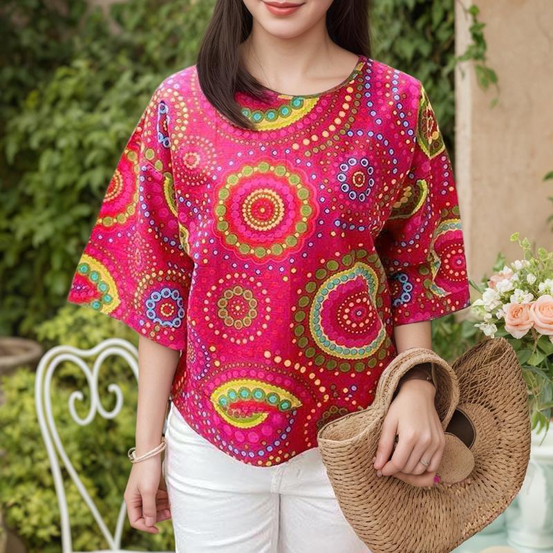 ZANZEA Women Casual Round Neck Retro Print Loose 3/4 Sleeve Blouse