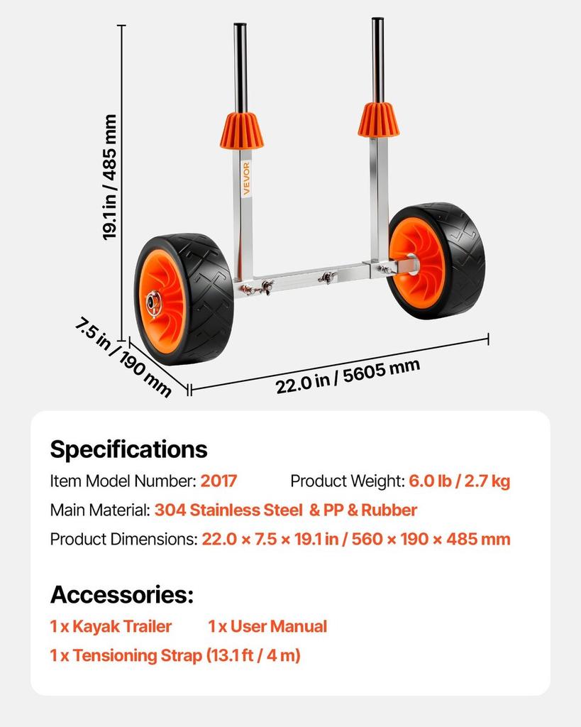 Kayak Cart, 113.4 Kg Load Capacity, Canoe Cart Dolly with 19.1 Cm Solid Rubber Tires & Kickstand, Assembles & Disassembles Within Seconds, Paddle