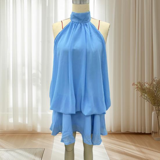Women's Halter Neck Chiffon Mini Dress Summer Sleeveless Cocktail Party Dress Ruffle Wedding Guest Dress