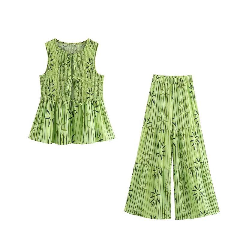 Kaslead New Arrival Women's Clothing Fashion Style Fashion Minimalist Leaf Printed Tops Casual Pants Two-piece Set